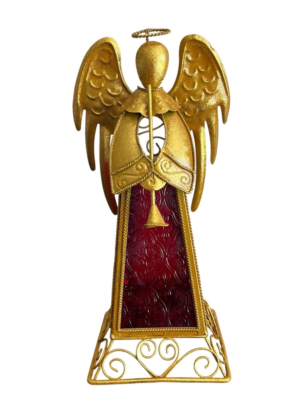 Home Interiors Angel Tea Light Candle Holder Gold Tone Metal Red Glass Vintage